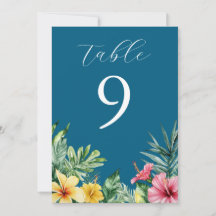 Números de mesa con flores tropicales azules del o