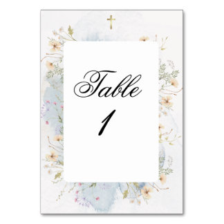 Números de mesa de bautizo con cruz y acentos flor