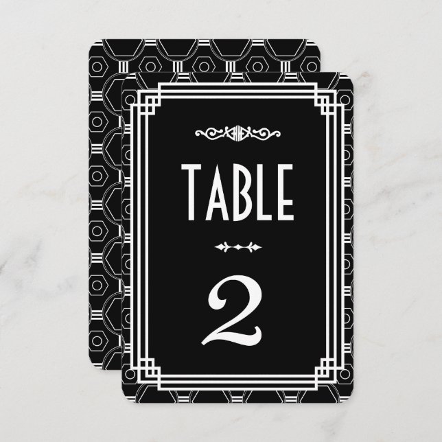 Números de mesa de boda Art Déco en negro y blanco (Anverso / Reverso)
