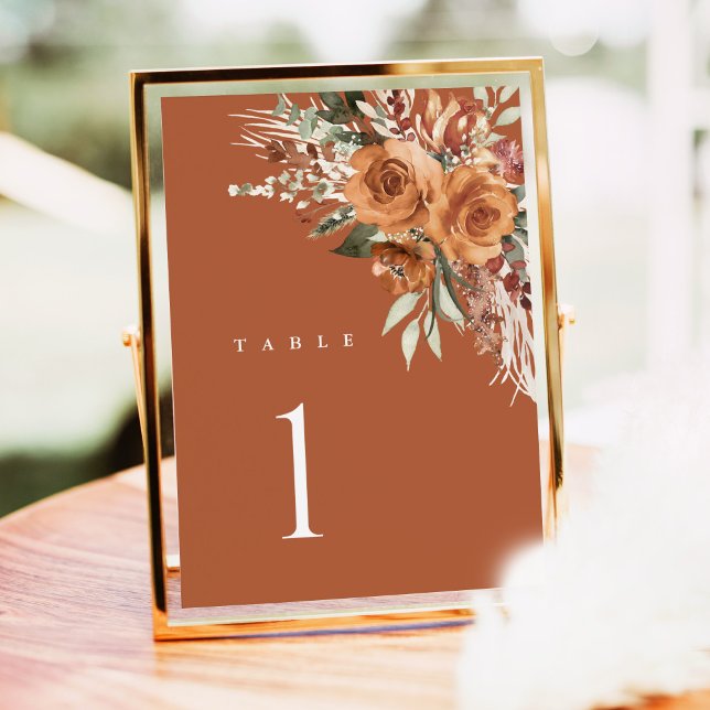 Números de Mesa de Boda Boho de Terracota, Floral  (Terracotta rose floral wedding table number card with watercolor, elegant boho table, framed indoor)
