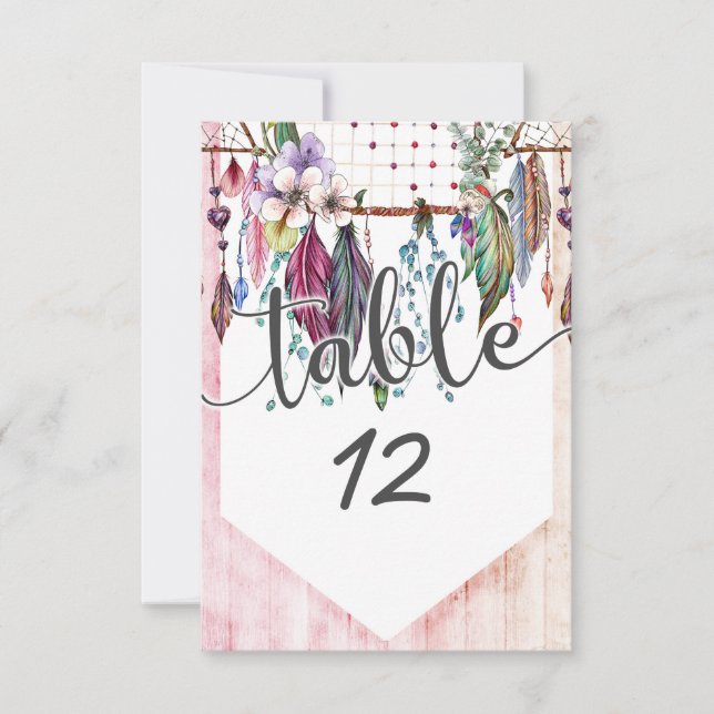 Números de mesa de boda Boho Dreamcatcher y plumas (Anverso)