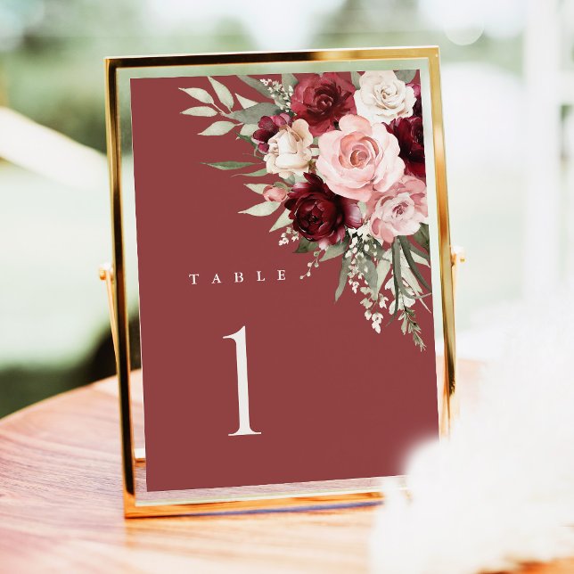 Números de Mesa de Boda Borgoña, Floral Rosa Claro (Burgundy blush floral wedding table number sign, elegant burgundy pink rose watercolor table decor)