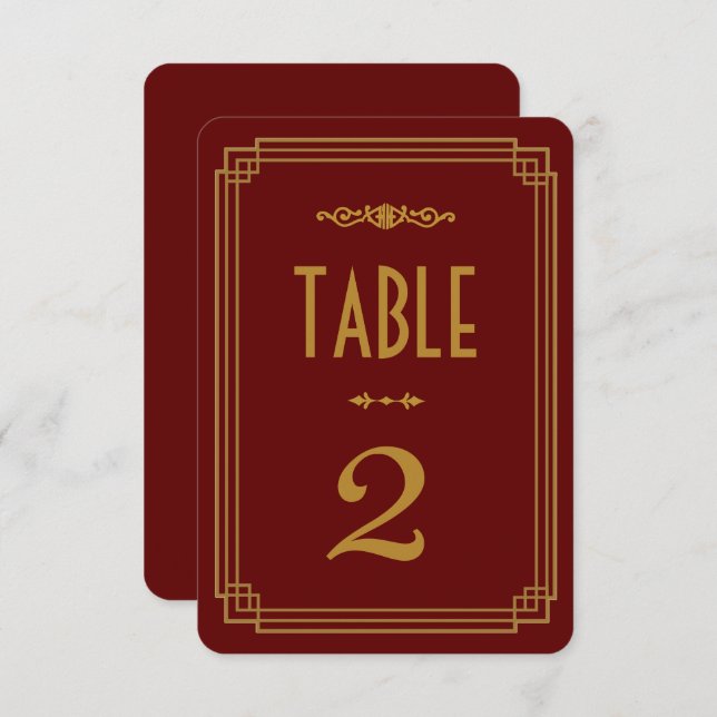 Números de mesa de boda burdeos con estilo Art Déc (Anverso / Reverso)