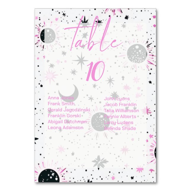 Números de mesa de boda celestial con nombres de i (Anverso)
