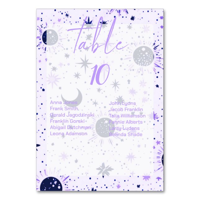 Números de mesa de boda celestial con nombres de i (Anverso)
