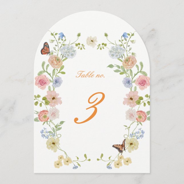 Números de mesa de boda con arco floral romántico (Anverso)