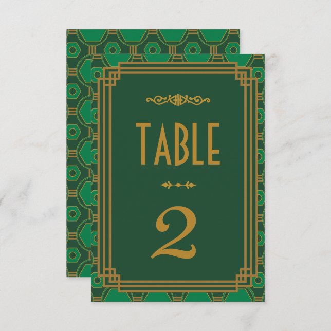 Números de mesa de boda con arte Deco verde (Anverso / Reverso)