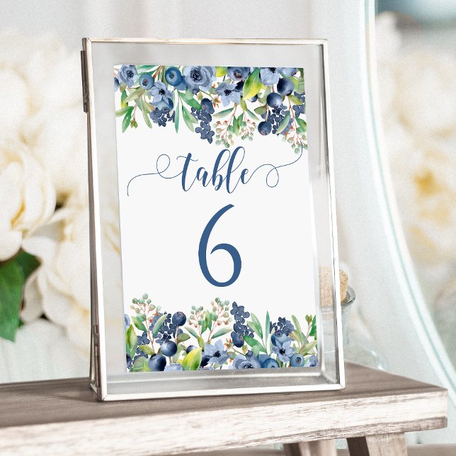 Números de mesa de boda con flores azules elegante (Subido por el creador)