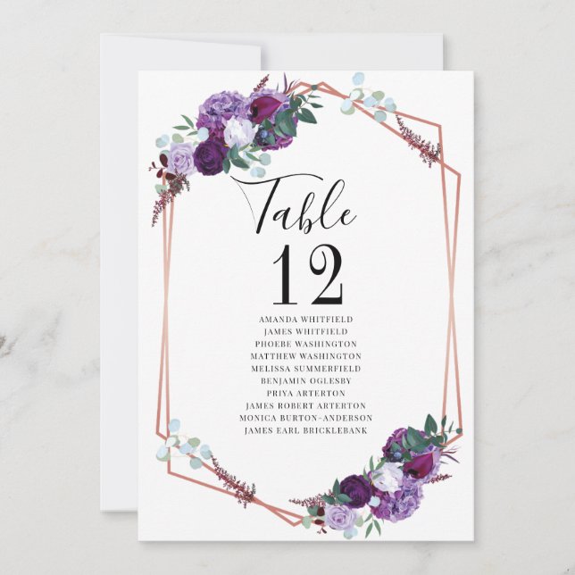Números de mesa de boda con flores moradas Gráfico (Anverso)