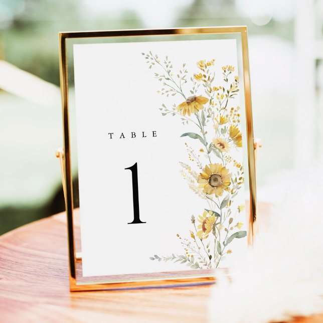 Números de mesa de boda con girasoles y flores sil (yellow wildflower sunflower wedding table number sign floral table number gold frame reception decor)
