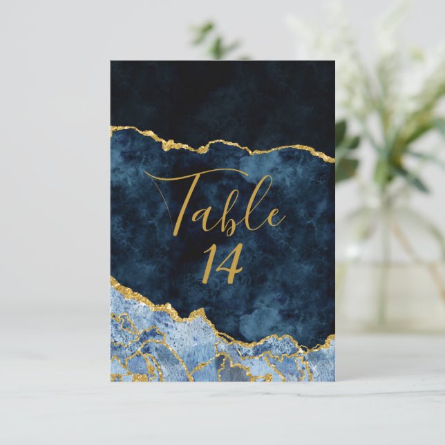 Números de mesa de boda con hoja de oro azul marin (Anverso de pie)