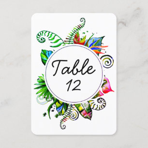 Números de mesa de boda con hoja de palma tropical