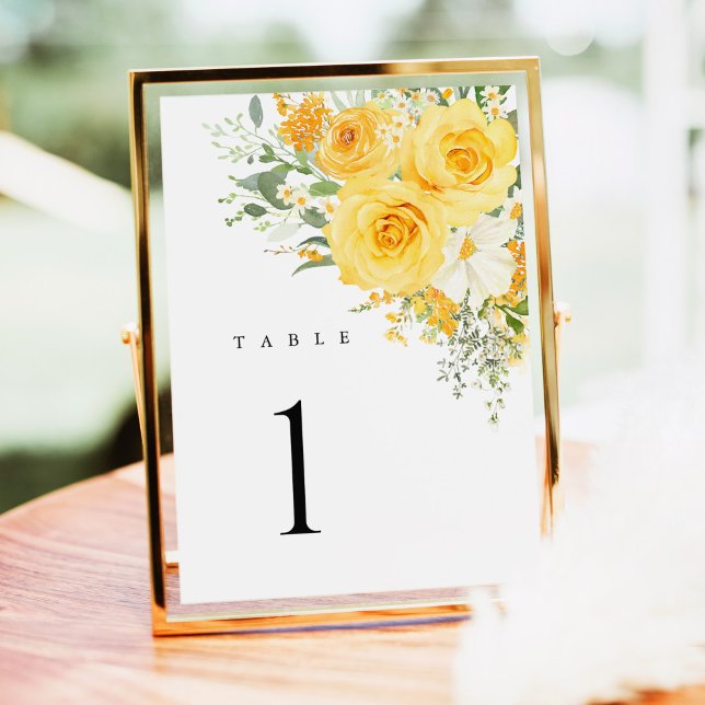 Números de mesa de boda con rosa floral amarilla (Yellow rose wedding table number sign, watercolor floral table number card, elegant reception decor)