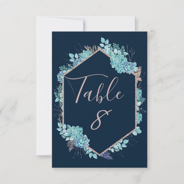 Números de mesa de boda con suculentas azules y ro (Anverso)