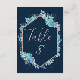 Números de mesa de boda con suculentas azules y ro