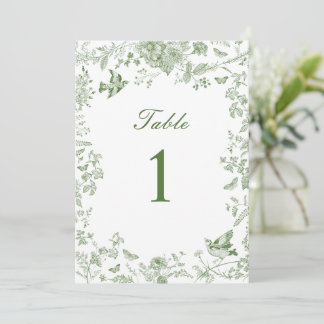 Números de mesa de boda con Toile De Jouy verde