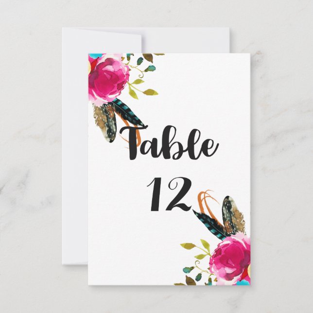 Números de mesa de boda de acuarela floral boho ch (Anverso)