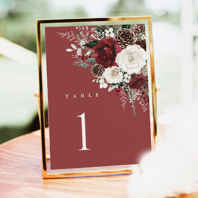 Números de mesa de boda de Borgoña, Floral de invi (Burgundy winter floral wedding table numbers card, elegant holiday table number reception decor)