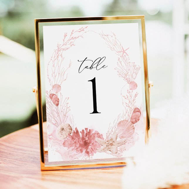 Números de Mesa de Boda de Conchas Marinas Costera (Coastal Blush Seashell Wedding Table Number Card Pink Beach Destination Reception Decor Gold Decor)