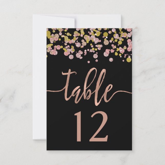 Números de mesa de boda de confeti brillo rosa oro (Anverso)