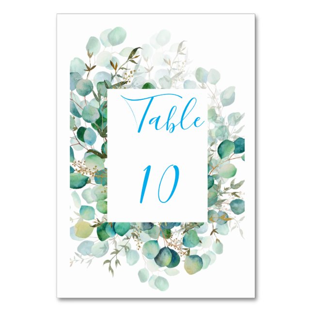 Números de mesa de boda de eucalipto azul polvorie (Anverso)