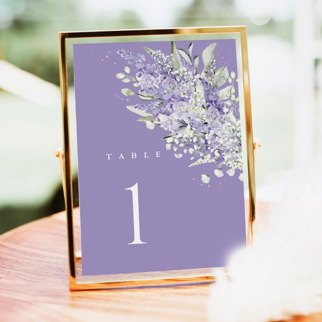 Números de mesa de boda de lavanda, floral verde s (Lavender sage green wedding table number card with watercolor florals, elegant reception table decor)