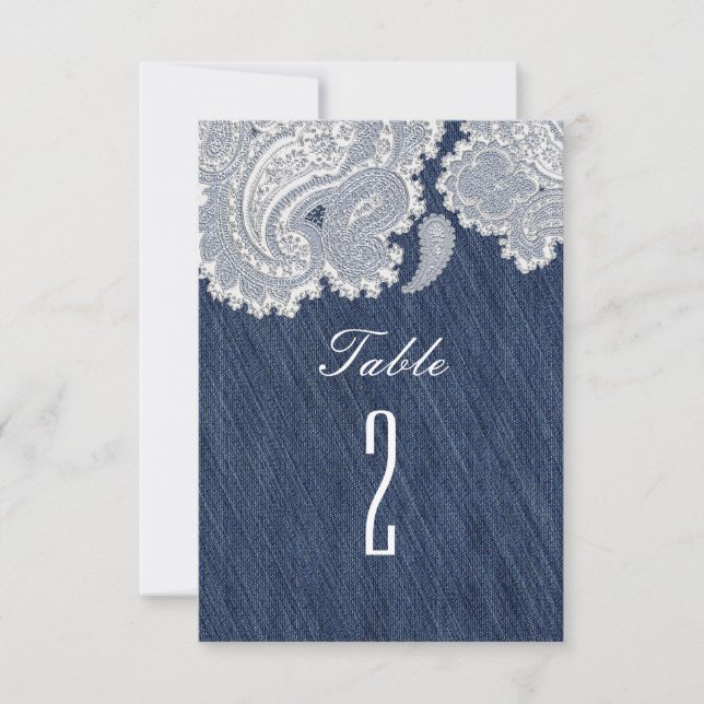 Números de mesa de boda de mezclilla y encaje blan (Anverso)