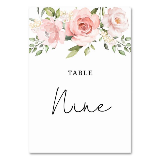 Números de mesa de boda de rosas de rubor floral (Anverso)