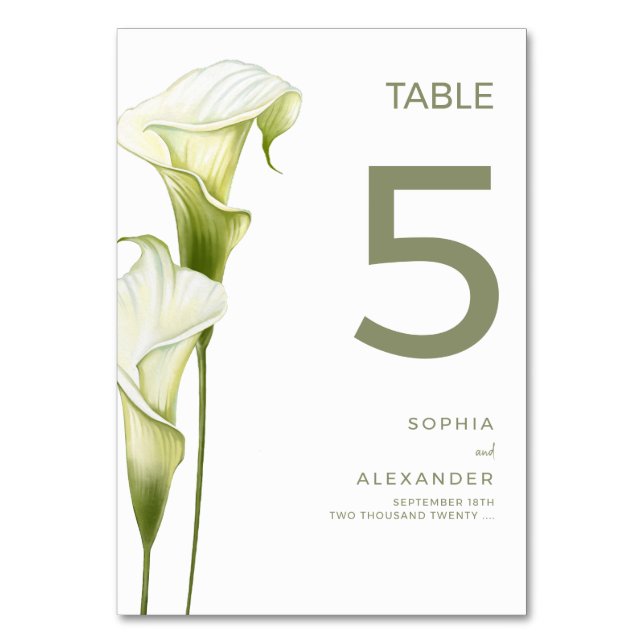 Números de mesa de boda "Delicadas calas" (Anverso)