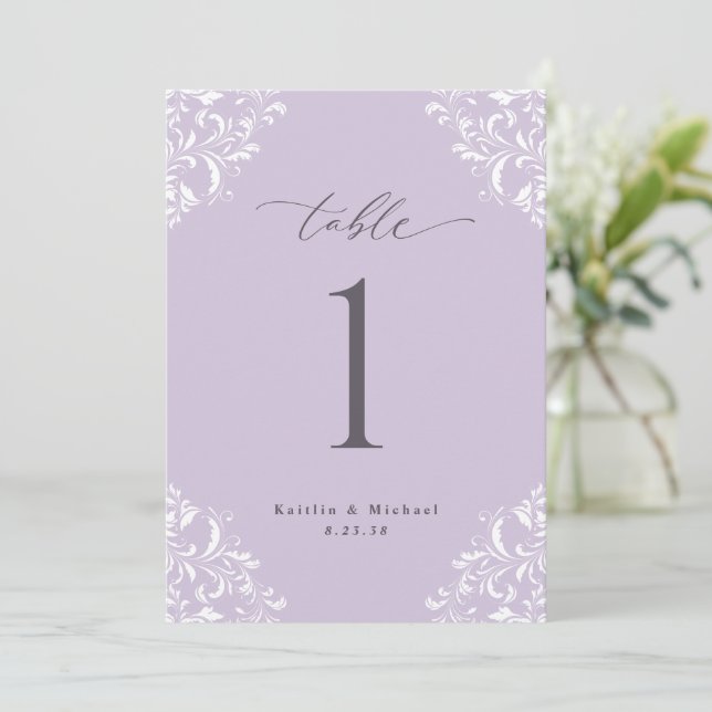 Números de mesa de boda elegantes de lavanda Tarje (Anverso de pie)