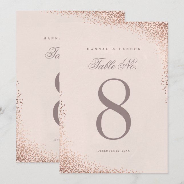 Números de mesa de boda elegantes de oro rosa con  (Anverso / Reverso)