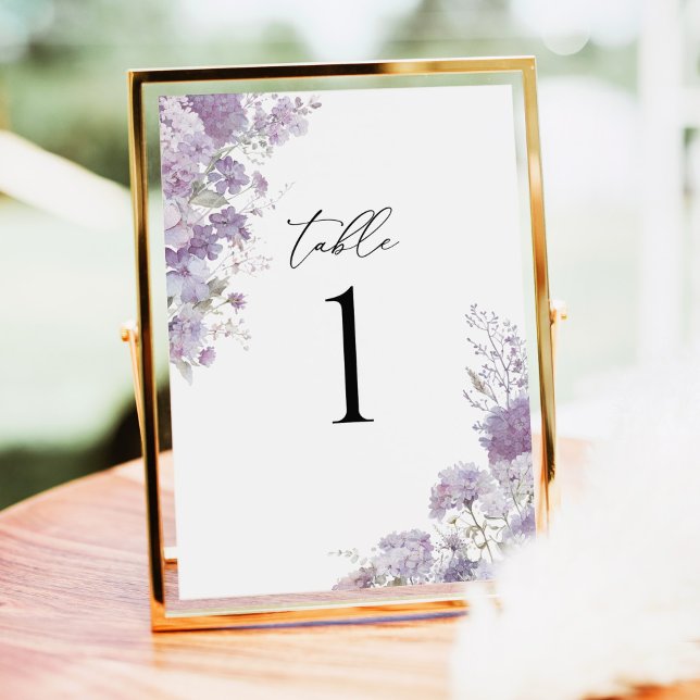 Números de Mesa de Boda Elegantes Florales de Lava (Lavender floral wedding table number card, watercolor hydrangea, purple reception table decor sign)