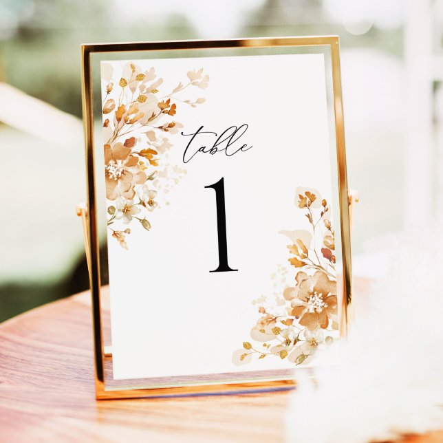 Números de mesa de boda elegantes florales de terr (Terracotta floral table number wedding sign, burnt orange watercolor, elegant ceremony gold frame)