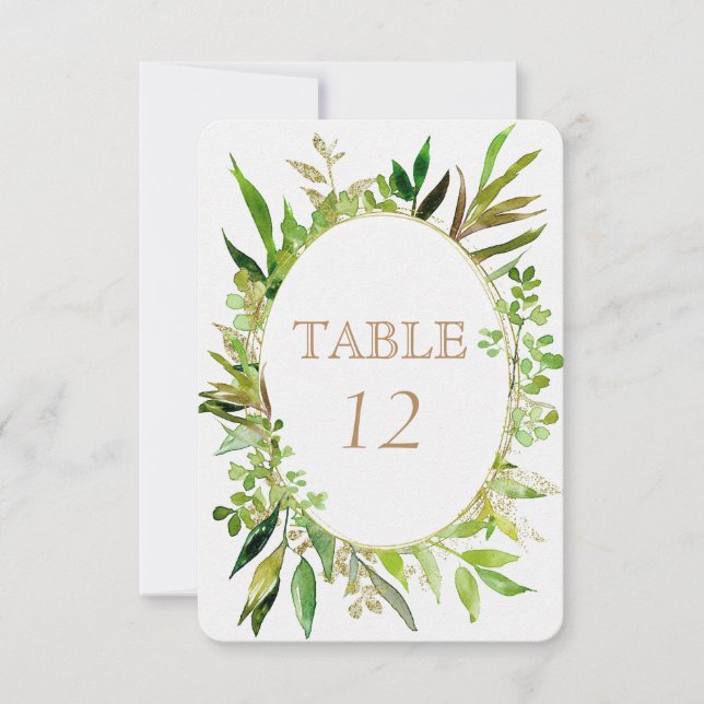 Números de mesa de boda enmarcados con verde y hoj (Anverso)