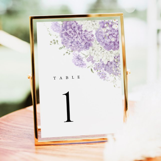 Números de Mesa de Boda Floral Lila Lavanda Blanco (Lavender lilac white floral hydrangea wedding table number sign, elegant watercolor table decor)
