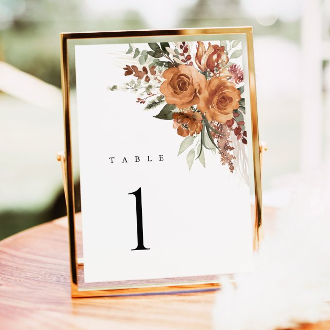 Números de Mesa de Boda Floral Rosa Boho de Terrac (Terracotta rose floral wedding table number card with watercolor, elegant boho table, gold frame)