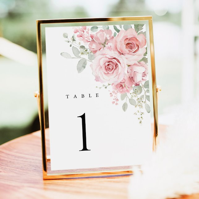 Números de mesa de boda floral rosa rubor (Blush Rose Floral Wedding Table Numbers, Watercolor Blush Pink Reception Table Sign in Gold Decor)