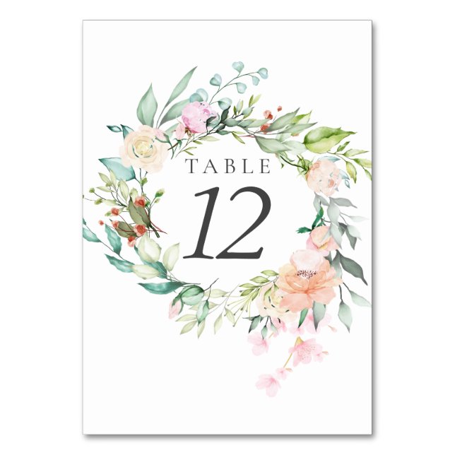 Números de mesa de boda floral verde acuarela (Reverso)