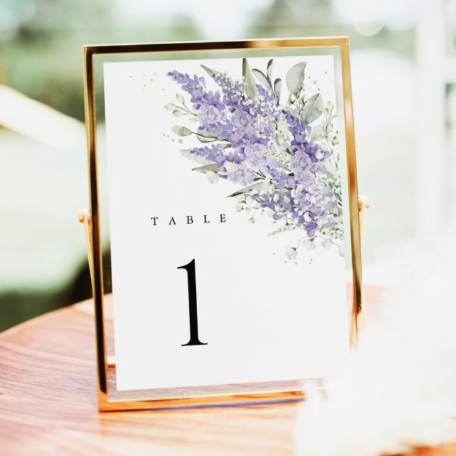 Números de Mesa de Boda Floral Verde de Salvia Lav (Lavender sage green floral wedding table number card, watercolor lavender blooms, reception table)