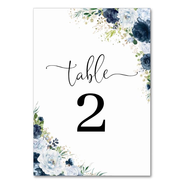 Números de mesa de boda florales azul marino (Anverso)