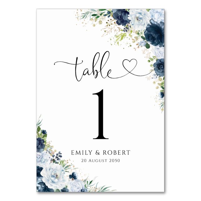 Números de mesa de boda florales azul marino (Anverso)