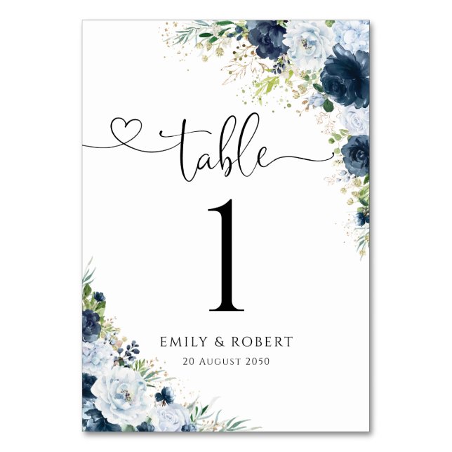 Números de mesa de boda florales azul marino (Anverso)