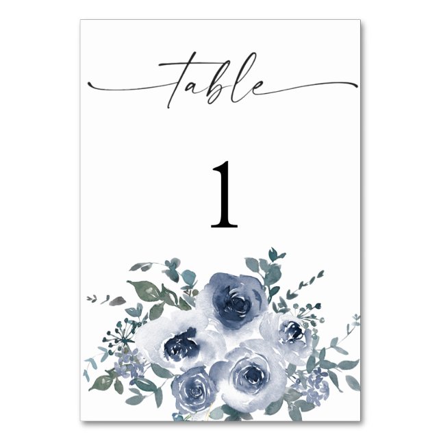 Números de mesa de boda florales azul polvoriento (Anverso)