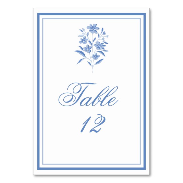 Números de mesa de boda florales azules y blancos (Anverso)