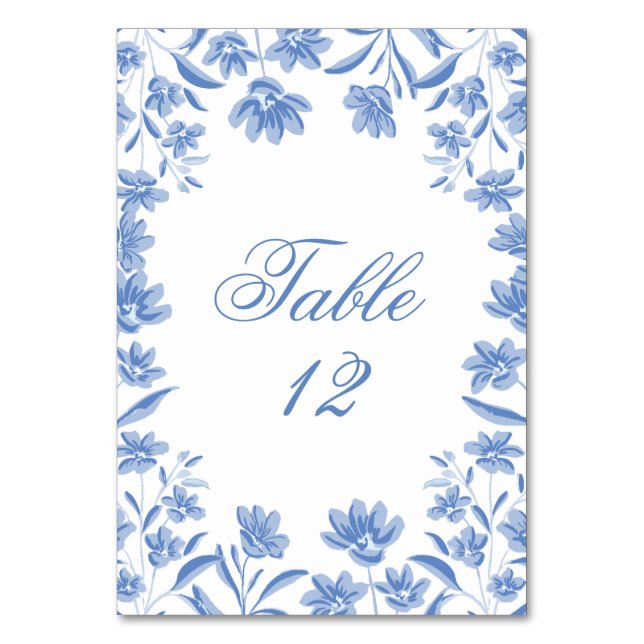 Números de mesa de boda florales azules y blancos (Anverso)