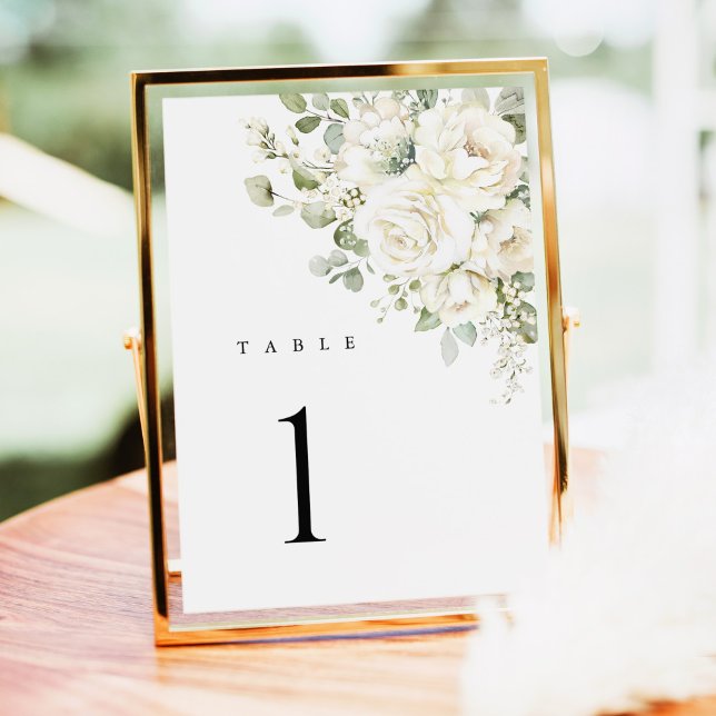 Números de mesa de boda florales blancos verde sal (Sage green white floral wedding table number, watercolor roses in gold frame for luxury reception)