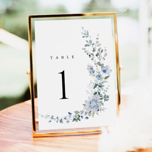 Números de mesa de boda florales de flor silvestre (Dusty Blue Wildflower Wedding Table Numbers, Blue Floral Reception Table Sign in Gold Frame Decor)