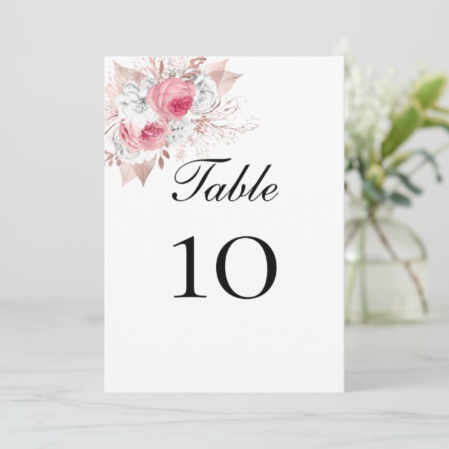 Números de mesa de boda florales de oro rosa blanc (Anverso de pie)