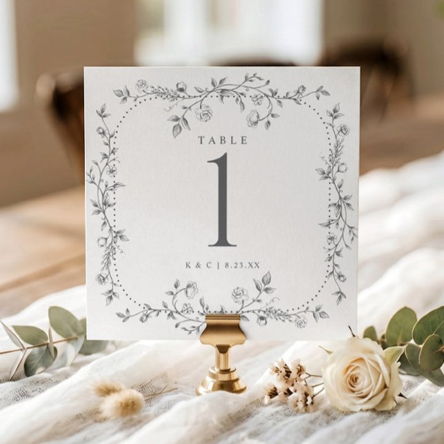 Números de mesa de boda florales franceses grises  (Silver gray square wedding table number with vintage French floral frame.)