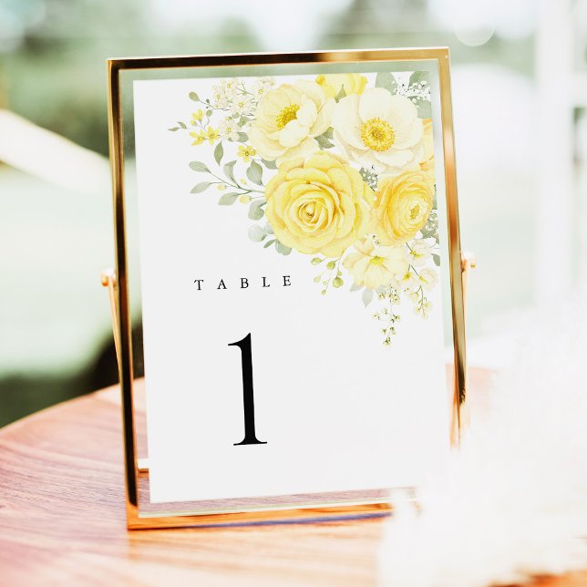 Números de mesa de boda florales marfil amarillo m (butter yellow ivory floral wedding table number, yellow rose table number sign reception table decor)